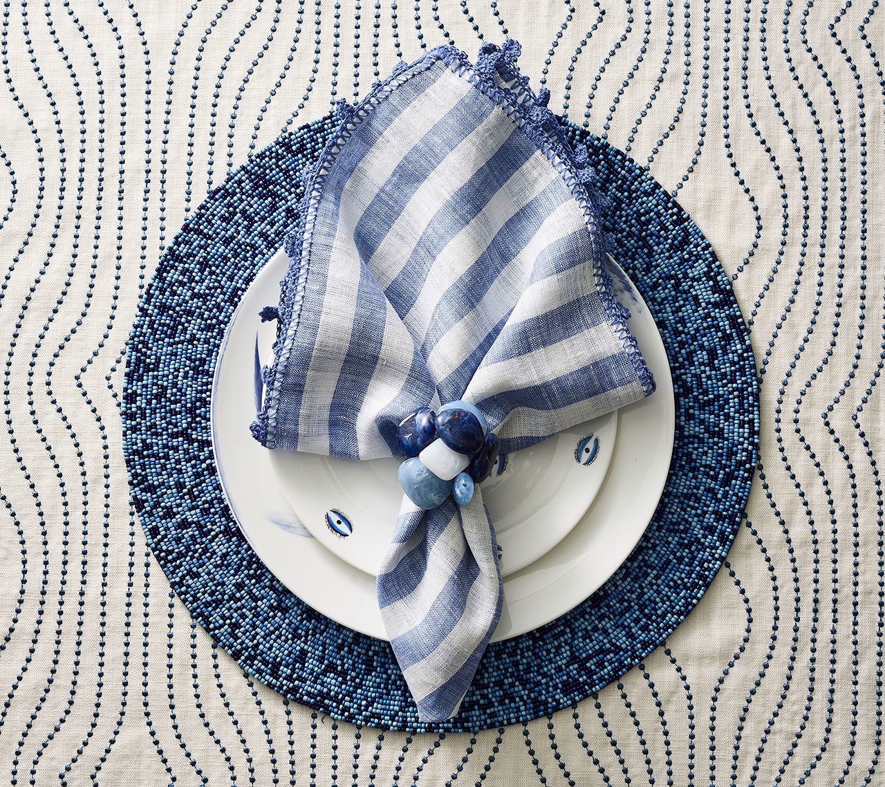 Kim Seybert Napkin Ring Sea Stone in Navy & White-Set of 2