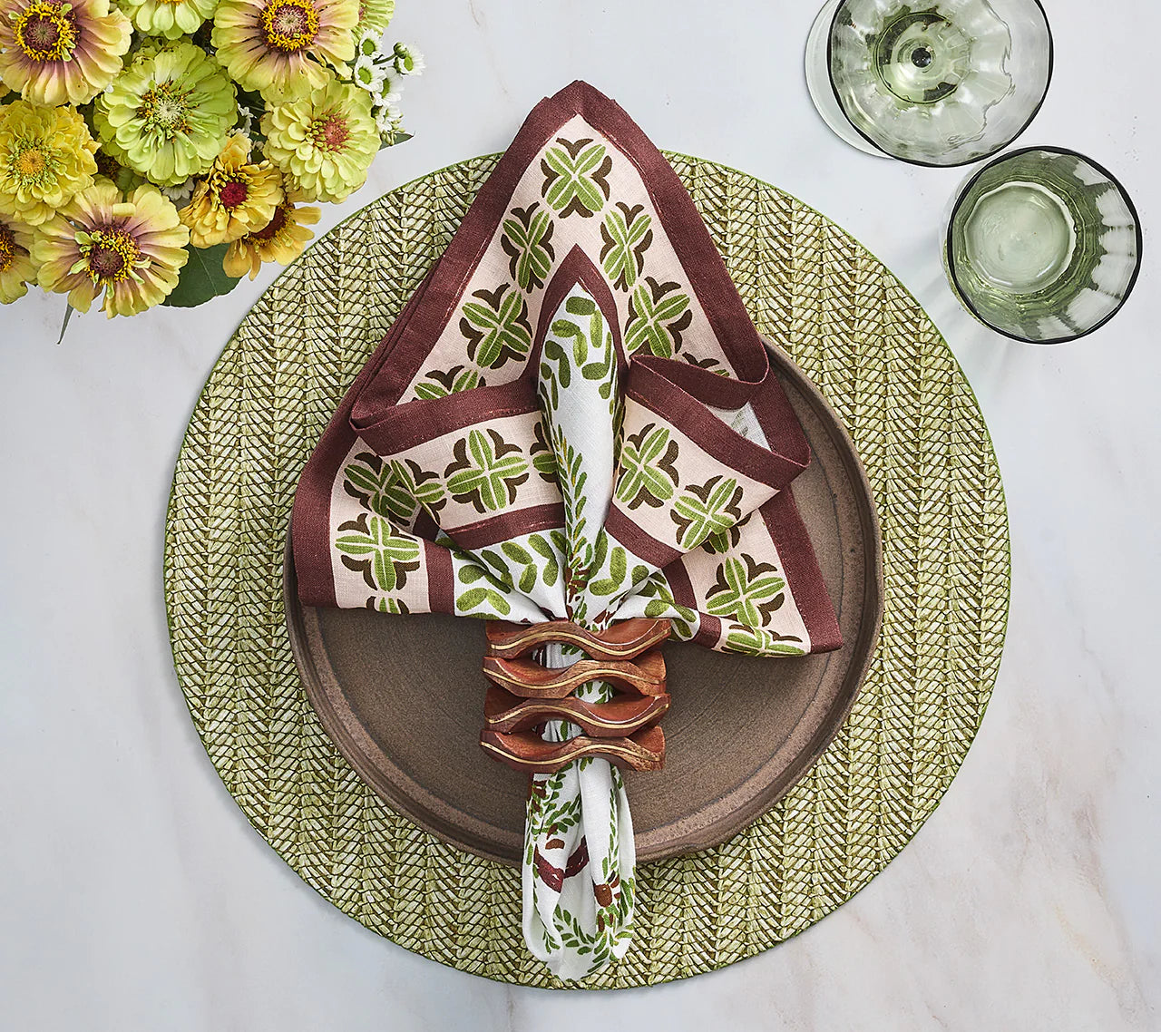 Kim Seybert - Oasis in Ivory, Green & Brown Napkin - Set of 4
