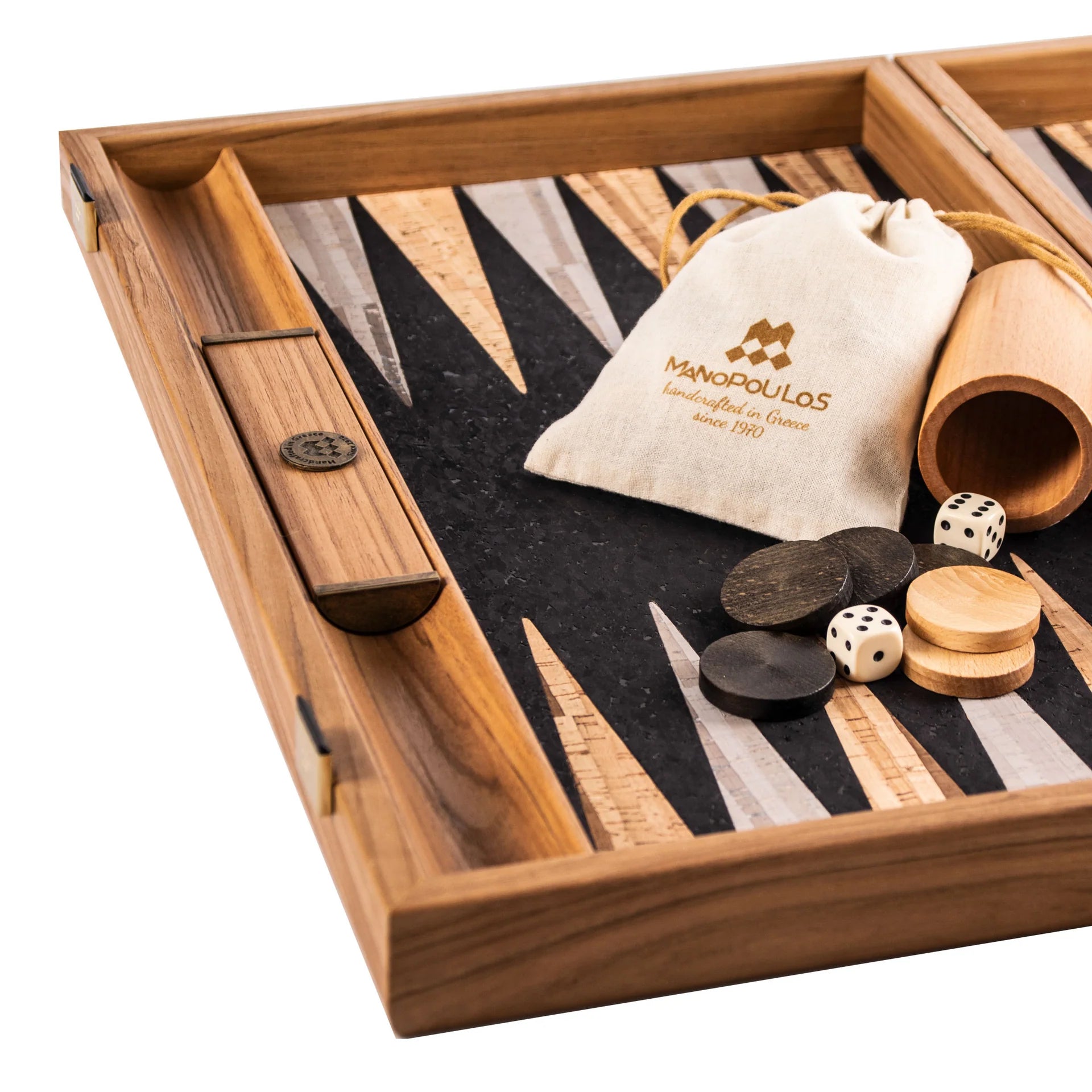 Manopoulos - BLACK NATURAL CORK Backgammon (with oak wood checkers)