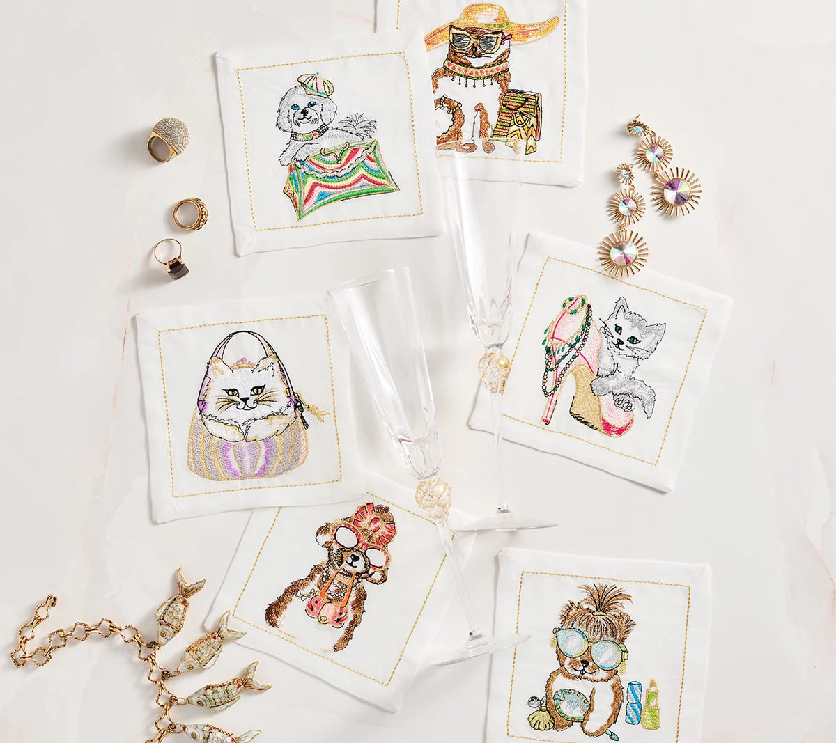 Kim Seybert - Diva Pets Cocktail Napkins in White & Multi, Set of 6 in a Gift Box