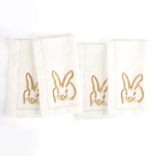 Hunt Slonem-Painted Bunny Embroidered Linen Gold Napkin-Set of 4