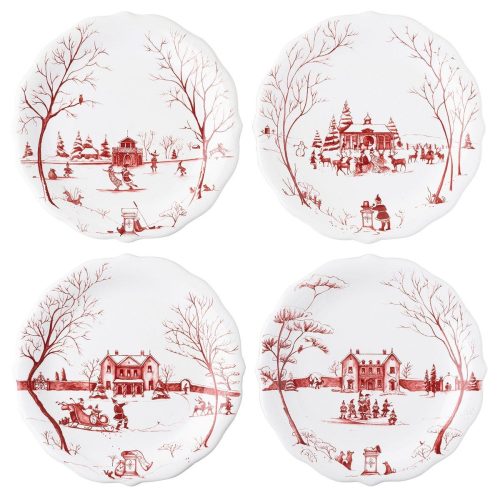 Country Estate Winter Frolic "Mr. & Mrs. Claus" Ruby Party Plates Set of 4