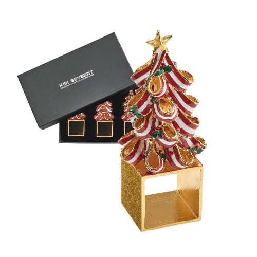 Holiday Tree Napkin Ring in Red, Green & Gold, Set of 4 in a Gift Box