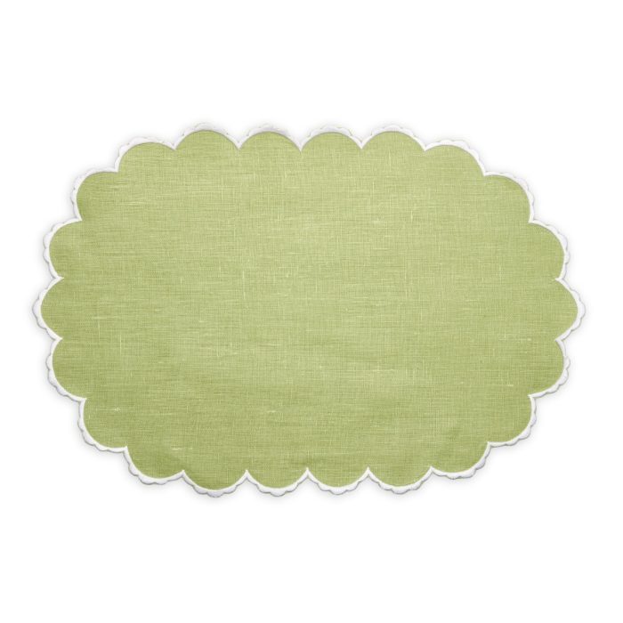 Petal Scallop Embroidered Oval Linen Kiwi Placemats - Set of 2