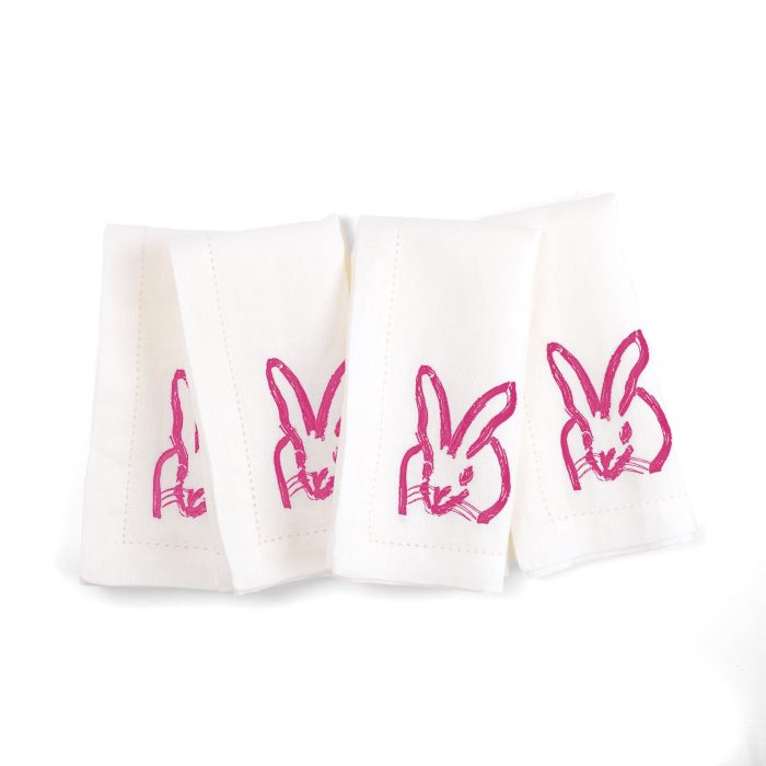 Hunt Slonem-Painted Bunny Embroidered Linen Pink Napkin-Set of 4